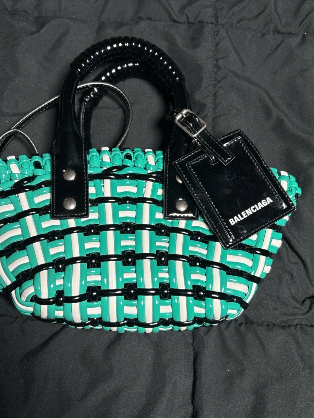 Balenciaga Turquoise White and Black Woven Mini Tote